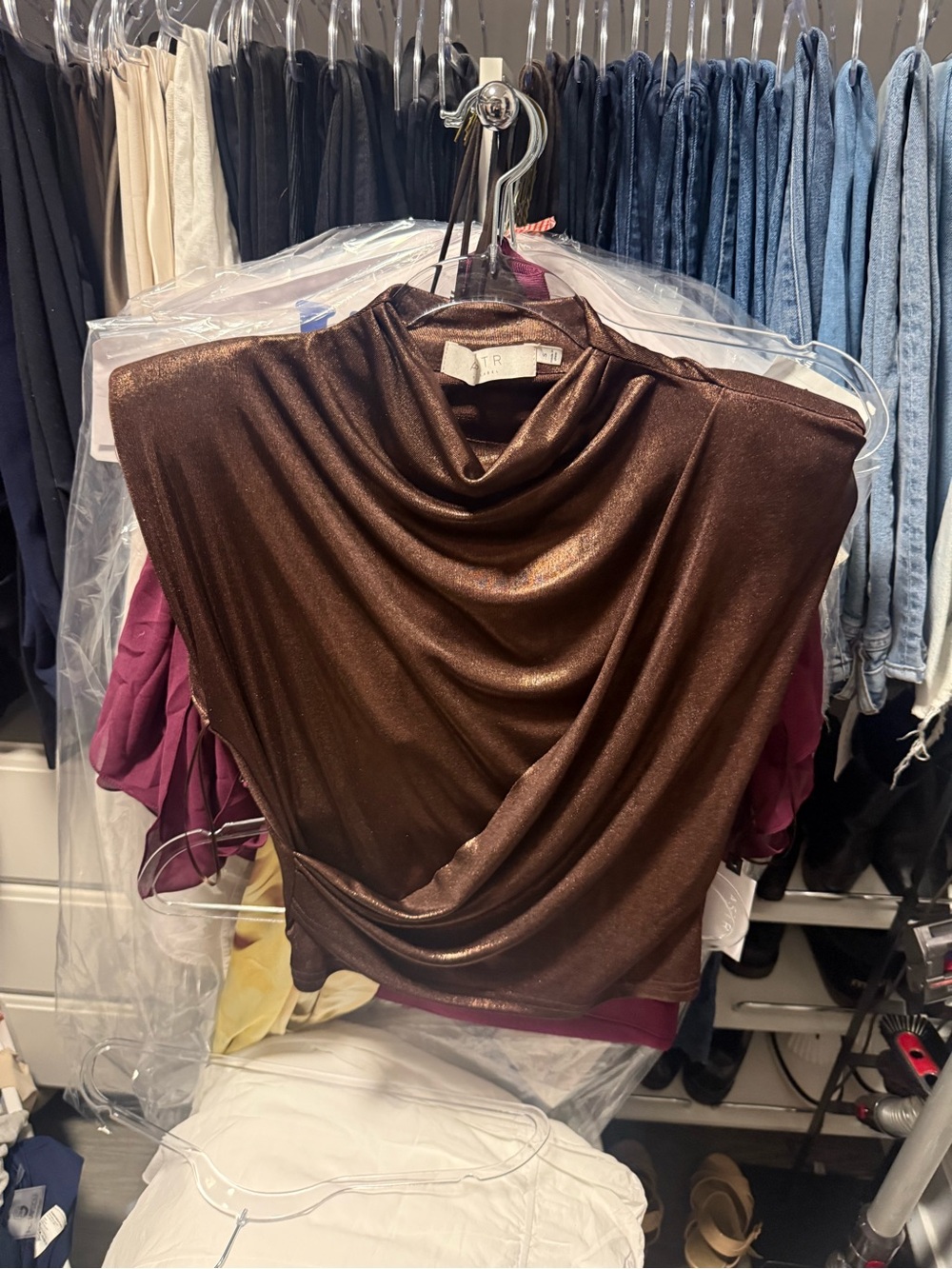 Astr Metallic Brown Draped Cowl Neck Top